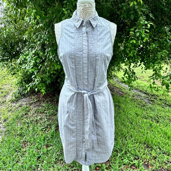 Banana‎ Republic Sleeveless Pinstripe Poplin Dress Button Front Pintuck Size 12 - Picture 1 of 12